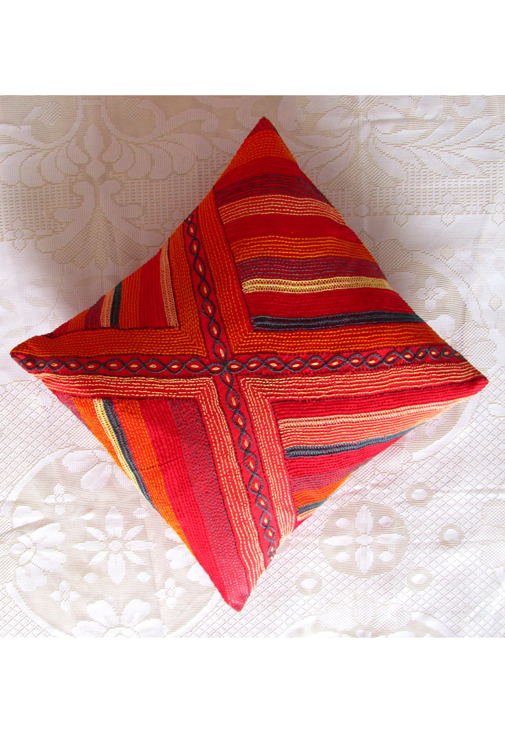 Red Stripes Hand Embroidered Cushion Cover